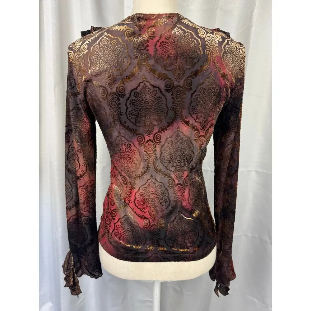 DressBarn Burnout Velvet Mesh Ruffle Top Sheer Floral Metallic Bell Sleeve - Picture 6 of 7